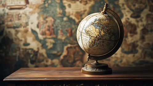 Old-world globe spins quietly against dreaming map walls.