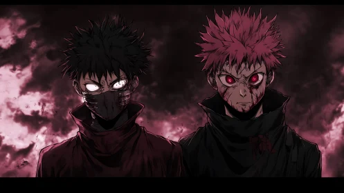 Dual malevolent figures in crimson storm, glowing eyes, anime