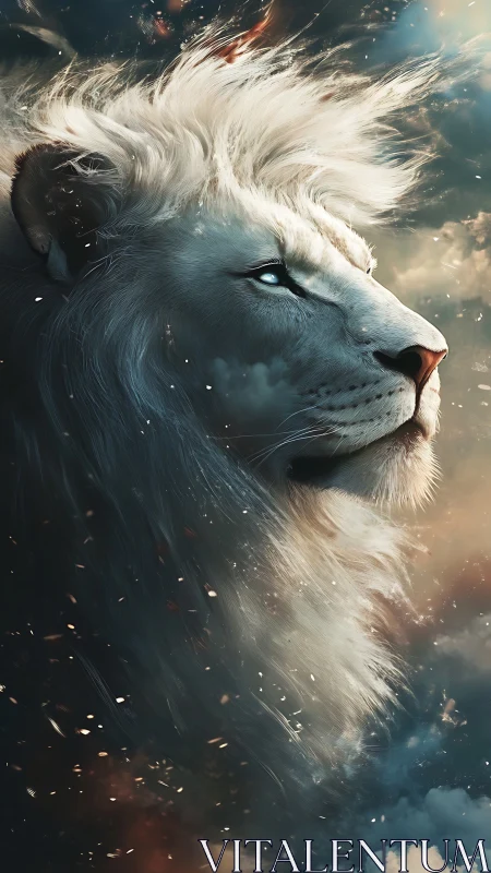 Regal white lion watching distant skies with quiet strength.