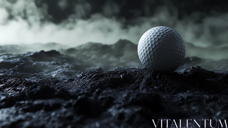 Lonely golf ball on dark rocky surface under moody sky.