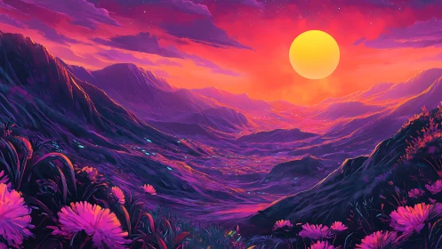 Digital painting sunset valley with neon floral foreground depth.