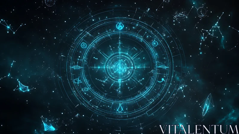 Radial celestial interface diagram over starfield background.