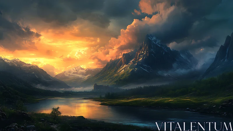 Fiery mountain sunset over tranquil river valley panorama.