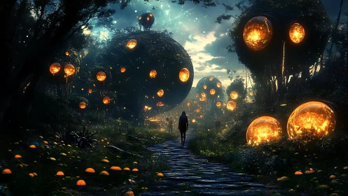 Lantern-eyed forest watches a lone wanderer cross its path