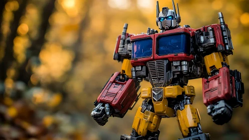 Bold red and yellow robot stands ready in a glowing forest