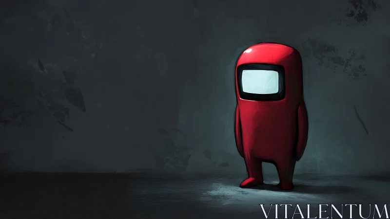 Lone red crewmate under moody spotlight in empty void.