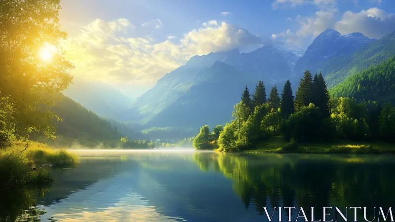 Sunlit mountain lake reflects forested slopes at sunrise