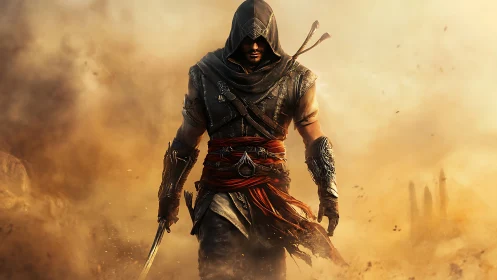 Hooded desert warrior strides through swirling golden sandstorm