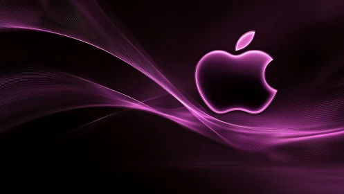 Glowing pink apple emblem over flowing neon light waves.