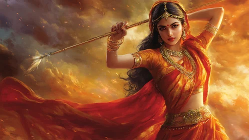 Warrior woman in ornate sari holding spear against clouds.