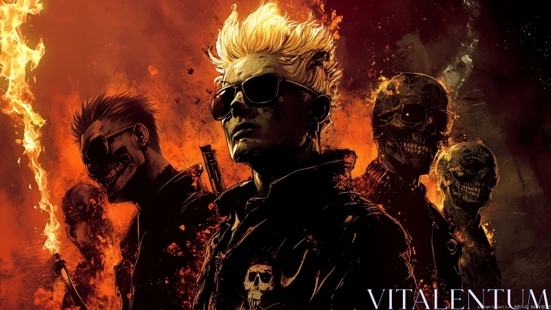 Flameborn punk phantoms stalking through a burning night.