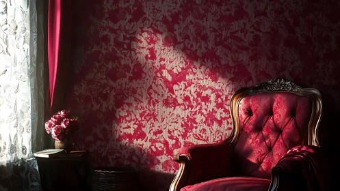 Baroque red armchair in raking window light defines ornate interior