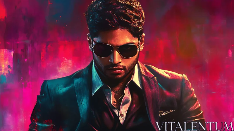 Stylish man in sunglasses stands in neon cinematic glow