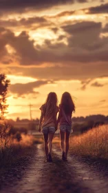 Two young friends walk a sunlit country path at golden hour