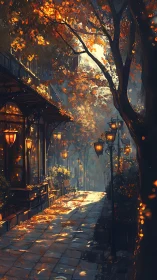 Autumn city street with glowing lamplight and falling leaves.