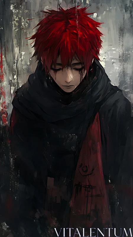 Red-haired wanderer studies shadowed city in rain-soaked dusk.