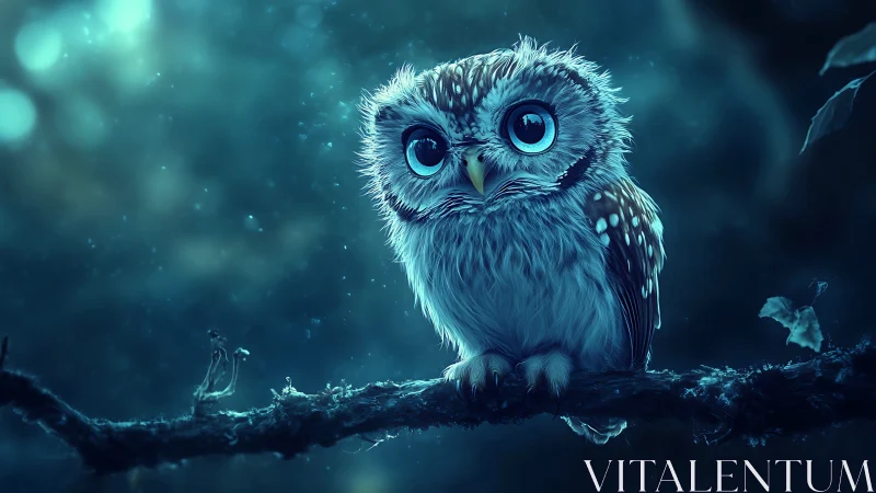 Adorable Baby Owl with Big Eyes in Dreamy Nighttime Forest Art.