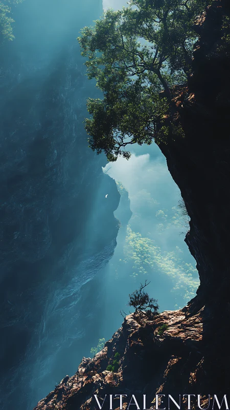 Sheer rock cliffs with lone trees in misty blue canyon.