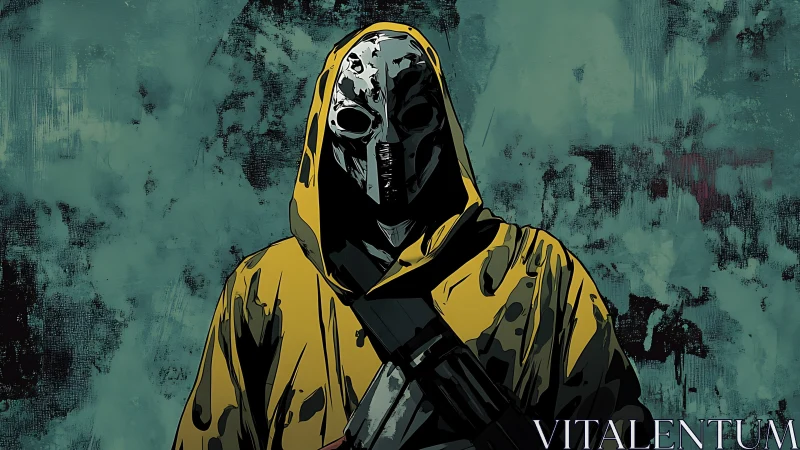 Masked urban sentinel in yellow hooded coat, grunge backdrop.