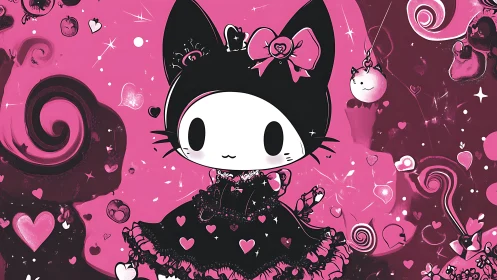 Gothic kawaii cat character in pink heart-saturated fantasy scene