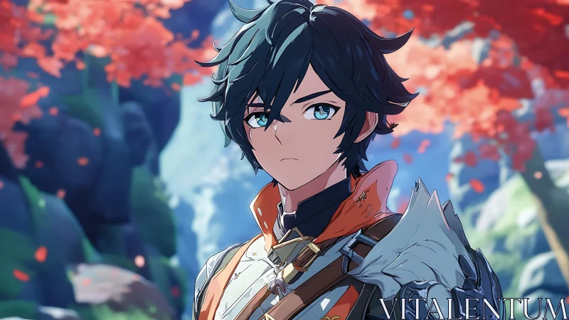 Calm anime hero pauses beneath bright autumn forest light