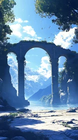Sunlit stone archway opening onto a tranquil blue fjord.