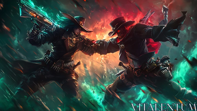 Dueling cyberpunk gunfighters in neon-ignited vortex clash.