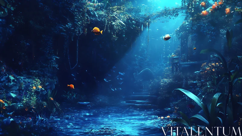 Underwater cavern environment shows luminous fish and ruins