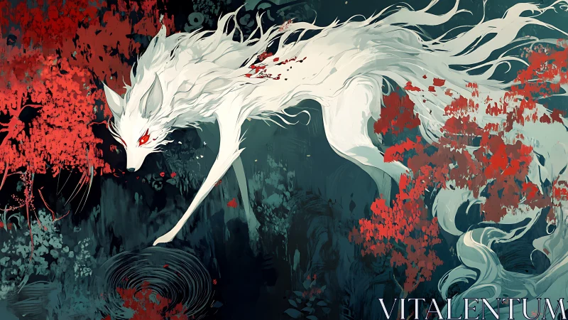 White fox spirit moves above dark water and red foliage