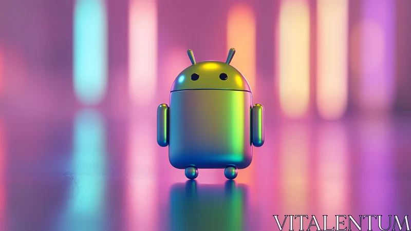 Chromatic metallic android figurine in neon bokeh environment