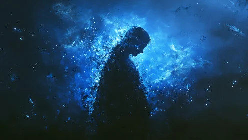 Silhouetted human profile dissolving in luminous blue nebula.