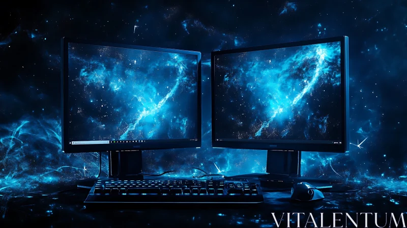 Twin monitors open a glowing blue window into deep space