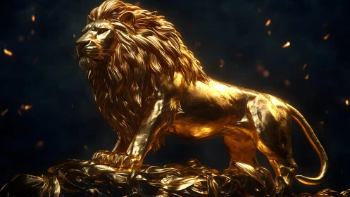 Majestic Golden Lion Statue in Dramatic Cinematic Lighting.