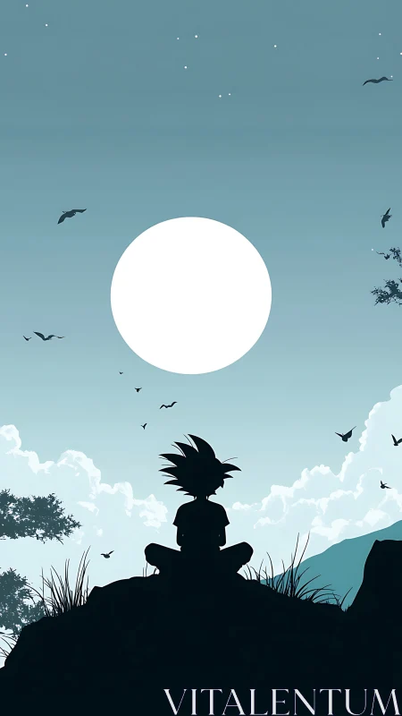 Silhouetted figure seated before large moon in landscape.