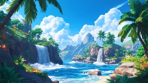 Tropical Paradise Waterfall Sanctuary: Digital Landscape Painting.