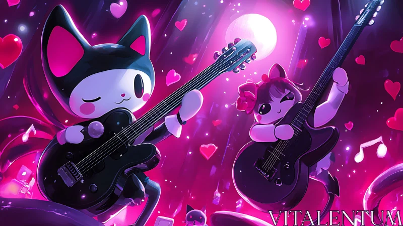 Neon feline musicians perform with electric guitars amid luminous hearts