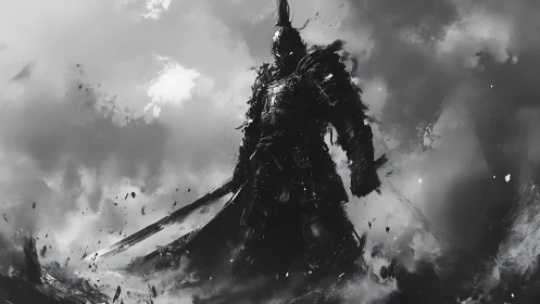 Armored warrior silhouette in monochrome storm setting.