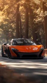 Orange supercar driving through sunlit forest road.
