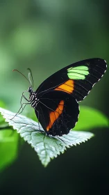 Black butterfly on leaf with orange and green markings.