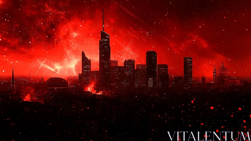 Red sci fi city skyline under intense burning sky.