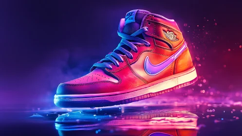 High-top sneaker floats in neon purple and pink studio light