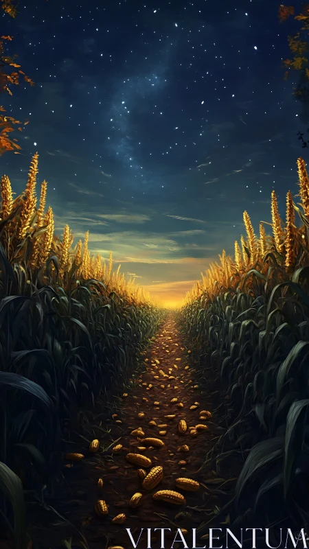 Starlit cornfield corridor leading into a glowing horizon.