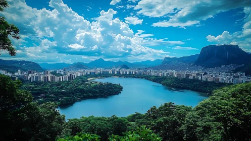 Panoramic urban lagoon encircled by dense greenery and peaks