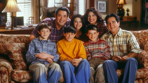 Group portrait of seven people on patterned living room sofa.