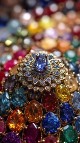 Closeup of ornate blue gemstone ring on multicolor jewels.