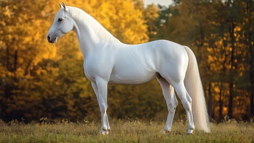 Photorealistic white stallion profile against autumn bokeh backdrop.