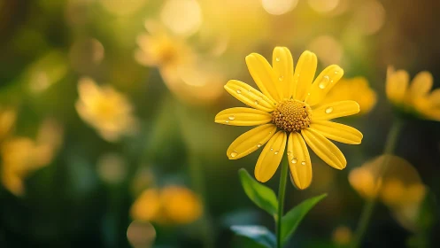 Yellow Daisy with Dew Droplets in Field Setting