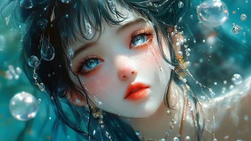 Dreamy underwater girl with crystal tears and bright eyes.