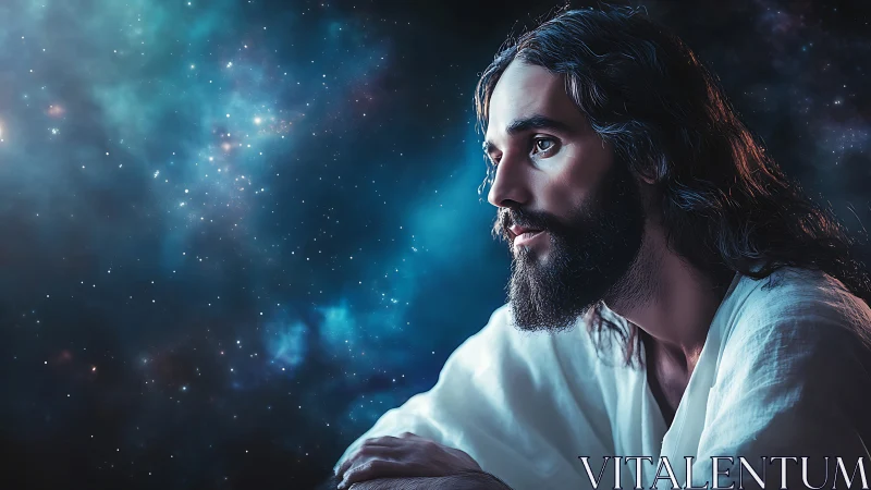 Bearded robed man in profile against star-filled nebula sky.