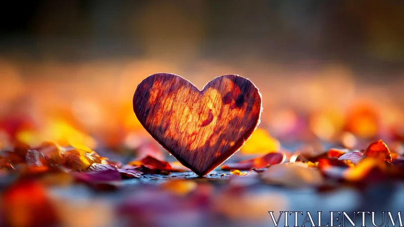 Wooden Heart with Burnished Surface Illuminated by Amber and Crimson Backlighting Against Soft Focus